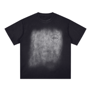 Stylish black T-shirt with Vespa logo and Italian cafe branding, casual and trendy.