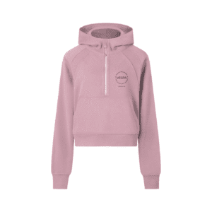 Pink hoodie with Vespa logo and Italian café branding. Casual and stylish apparel.