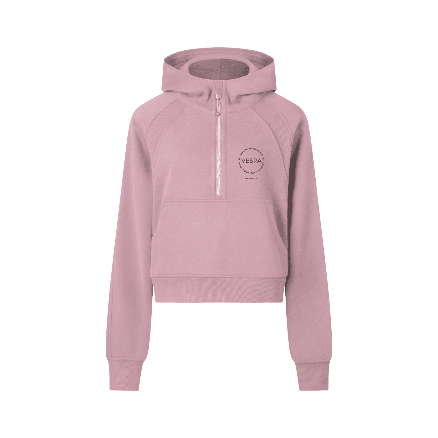Pink hoodie with Vespa logo and Italian café branding. Casual and stylish apparel.