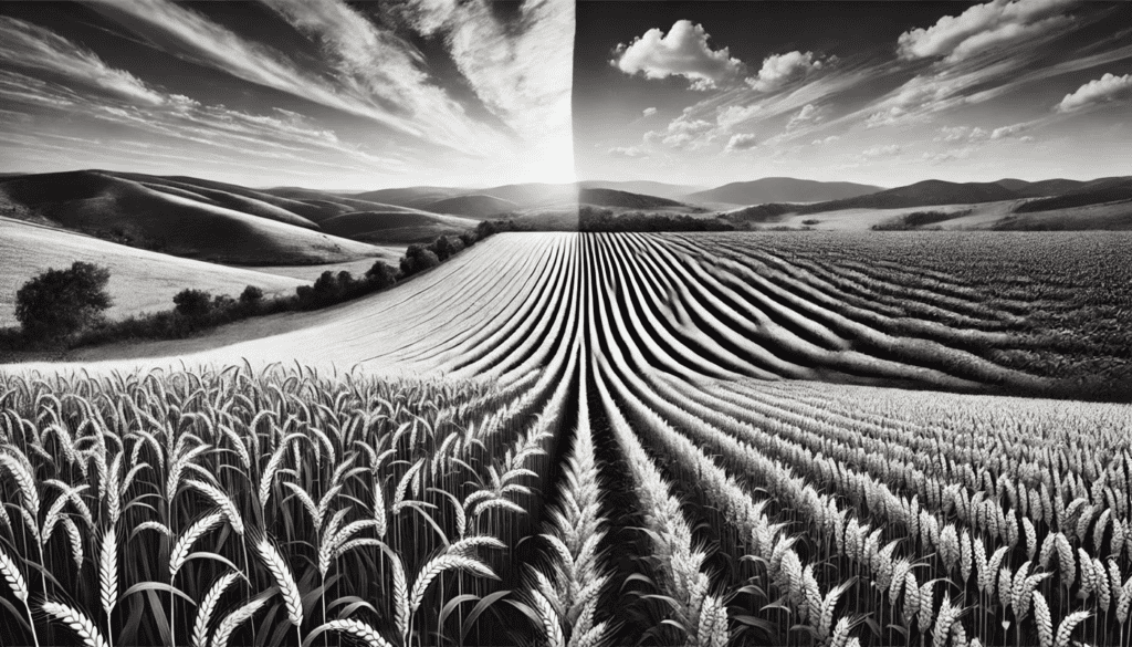 Black and white scenic landscape of rolling hills with wheat fields and dramatic sky, showcasing Italy’s countryside charm.