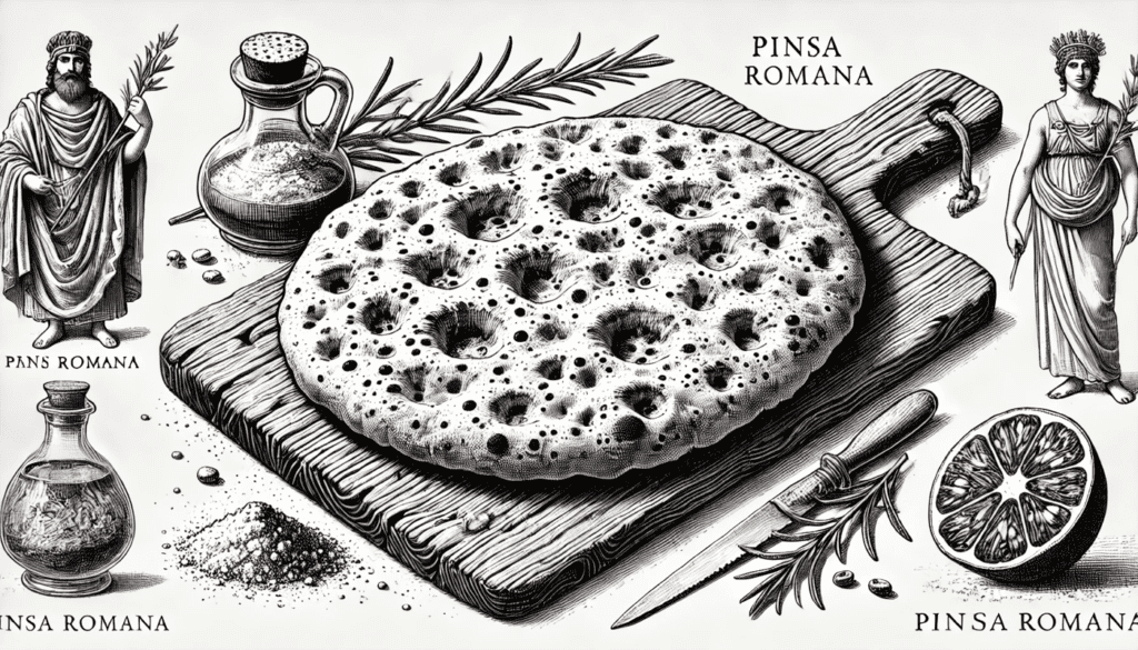 Ancient Roman style herbal flatbread on wooden board with lemon and herbs.