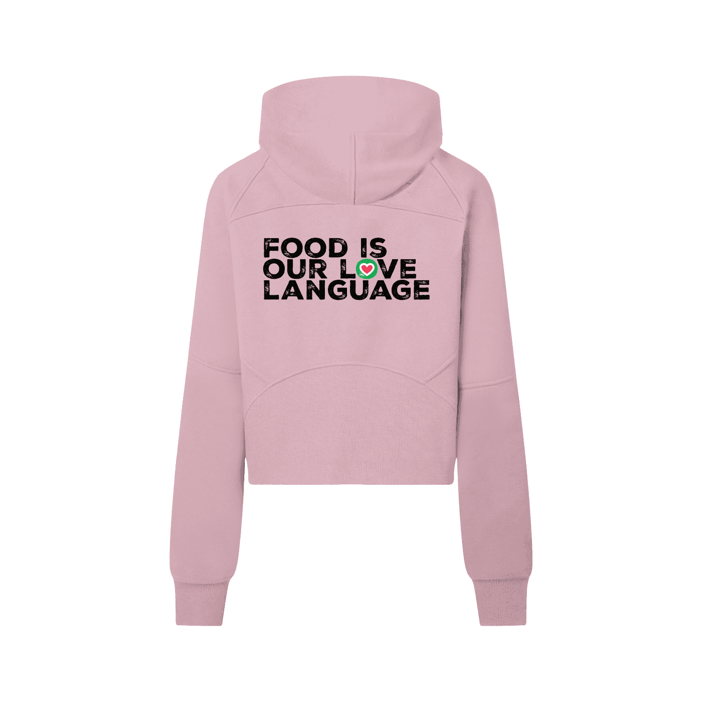Comfy pink hoodie with "Food is our love language" slogan, perfect for casual visits.